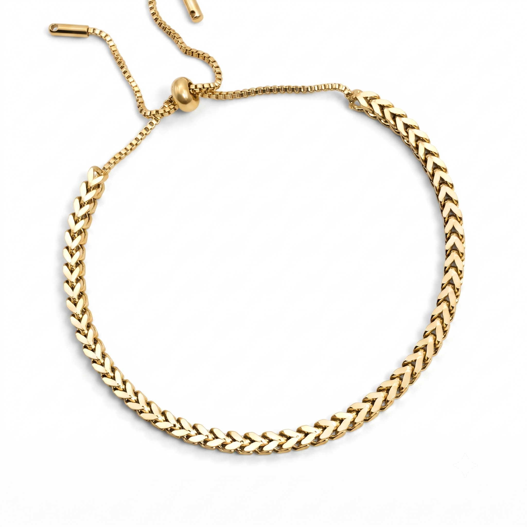 Goldfarbenes Damen-Armband aus Edelstahl im markanten Fischgräten-Design mit einem praktischen, flexiblen Zugverschluss, Hauptfoto.