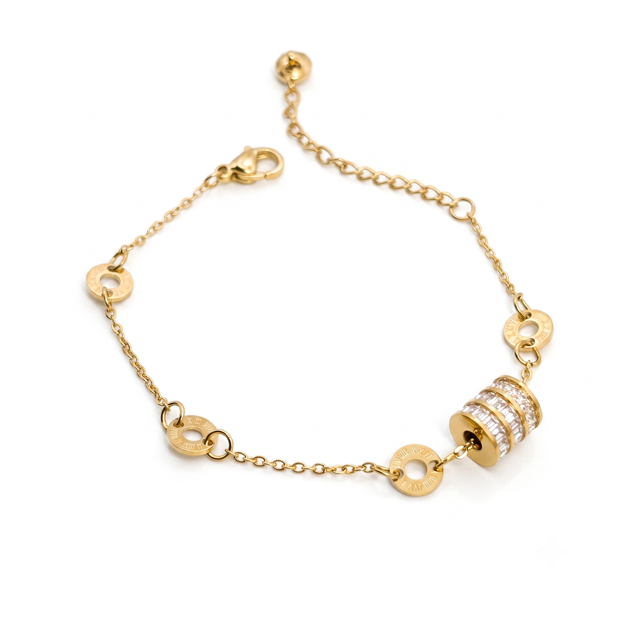 Goldfarbenes Edelstahl-Armband für Damen mit kleinen Logoringen und einem zentralen, voll mit Zirkonia besetzten Zylinder, Hauptfoto.