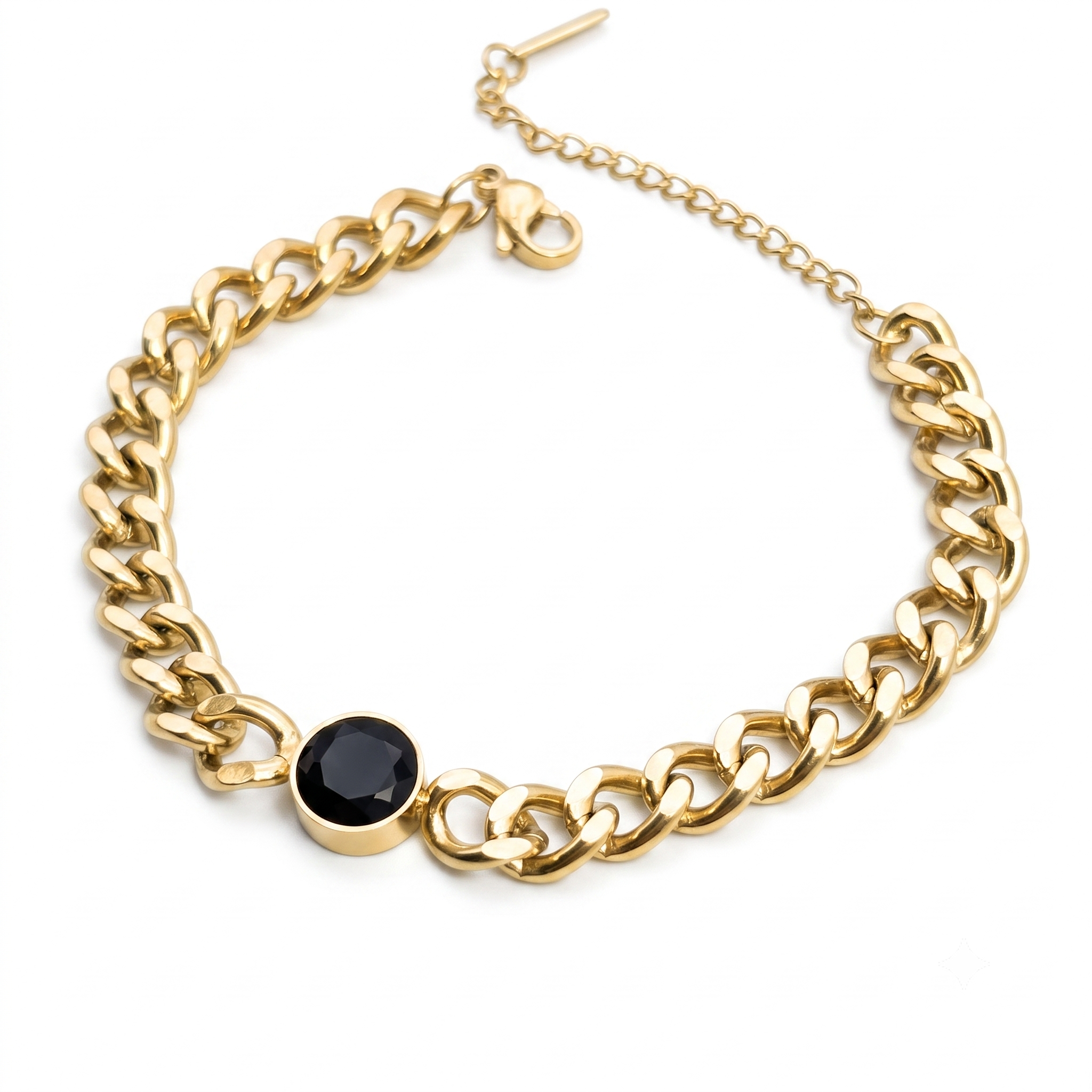 Goldfarbenes Edelstahl-Armband für Damen aus flachen Panzerkettengliedern und einem runden, schwarzen Element im Zentrum, Hauptfoto