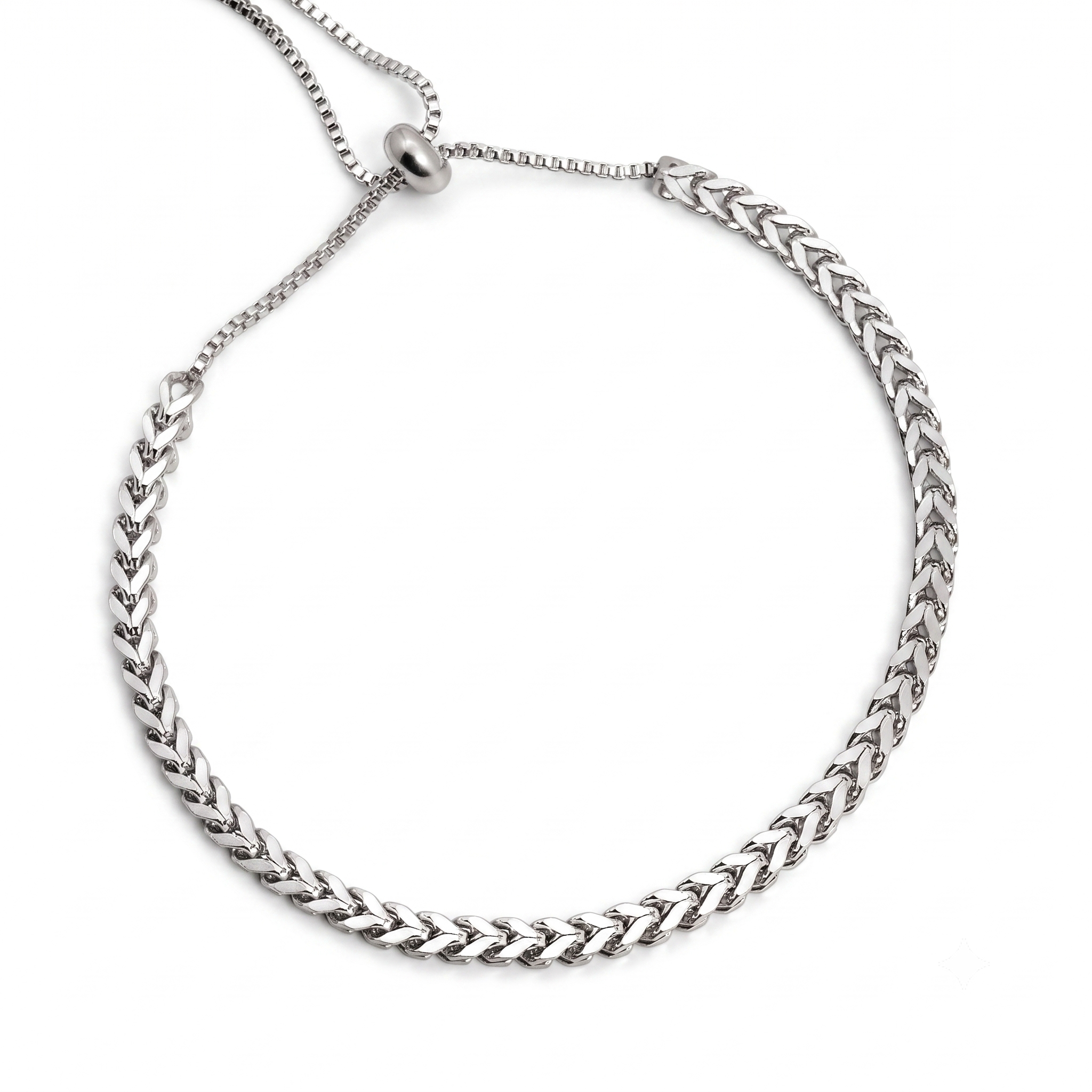 Silberfarbenes Edelstahl-Armband für Damen im markanten Fischgräten-Design mit einem praktischen, flexiblen Zugverschluss, Hauptfoto