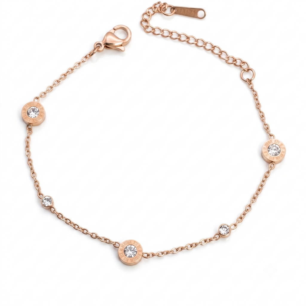 Rosegoldfarbenes Damen-Armband aus Edelstahl aus feiner Kette mit dezent verteilten, rund gefassten Zirkonia-Steinen, Hauptfoto