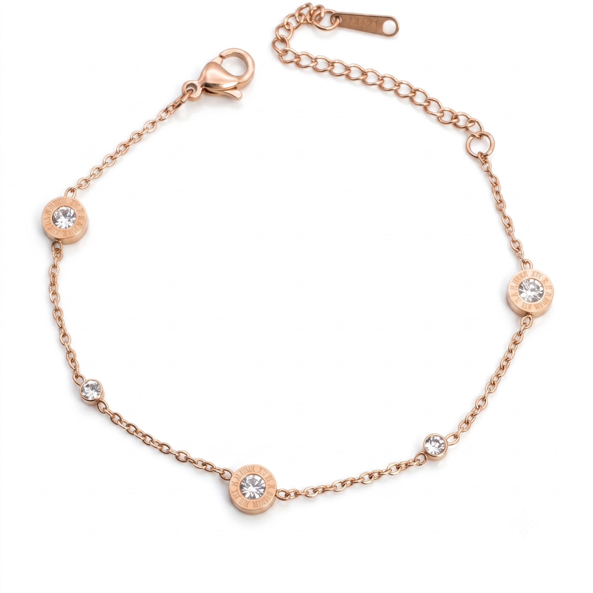 Rosegoldfarbenes Damen-Armband aus Edelstahl aus feiner Kette mit dezent verteilten, rund gefassten Zirkonia-Steinen, Hauptfoto