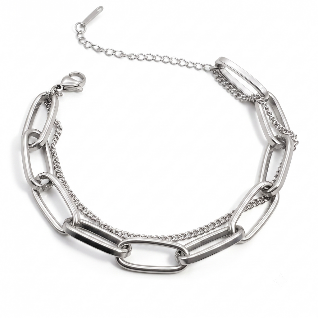 Silberfarbenes Damen-Armband aus Edelstahl im Lagen-Look aus einer Paperclip-Kette und feineren Gliederketten, Hauptfoto