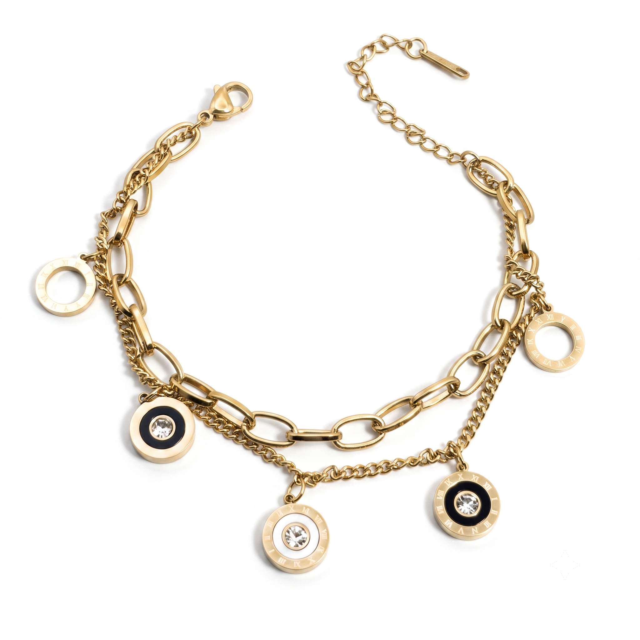 Goldfarbenes Damen-Armband aus Edelstahl im mehrreihigen Design mit glänzenden, runden Münz- und Ring-Anhängern, Hauptfoto