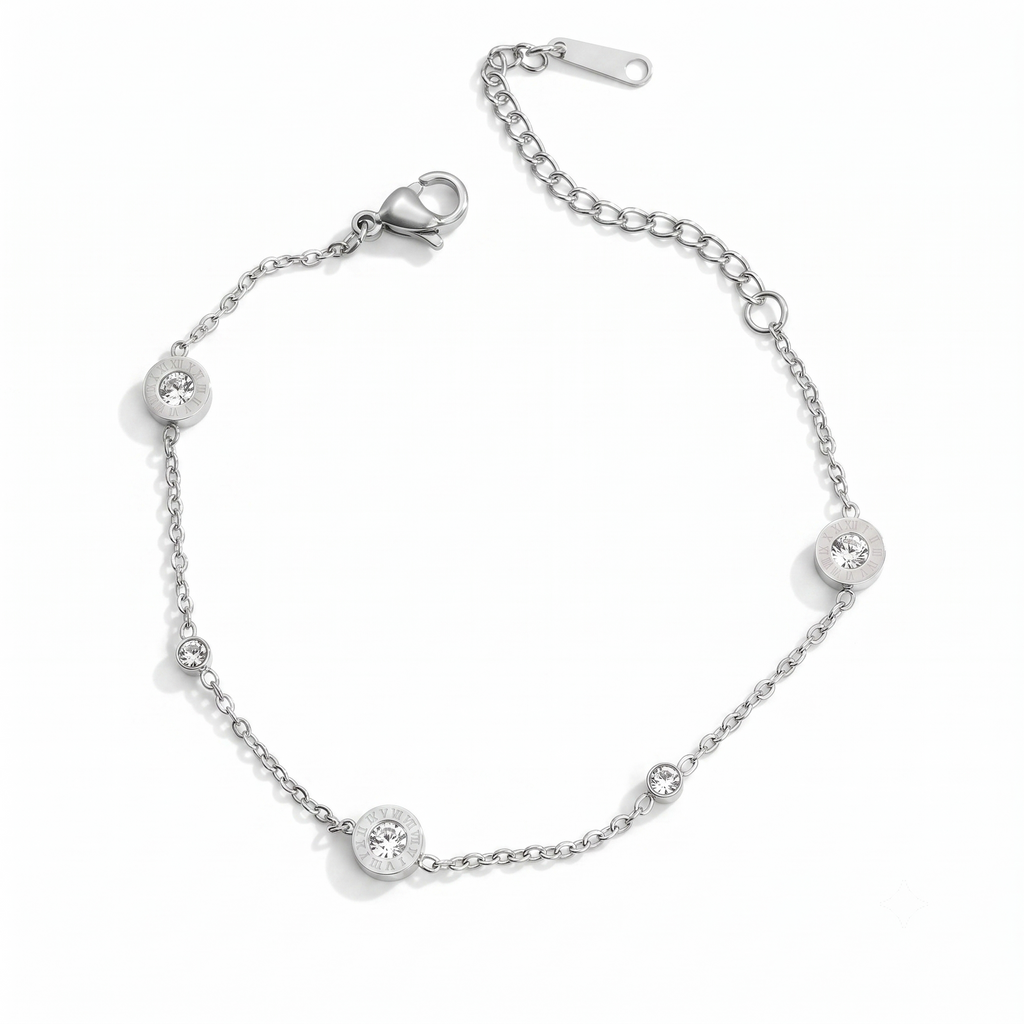Silberfarbenes Damen-Armband aus Edelstahl aus feiner Kette mit dezent verteilten, rund gefassten Zirkonia-Steinen, Hauptfoto