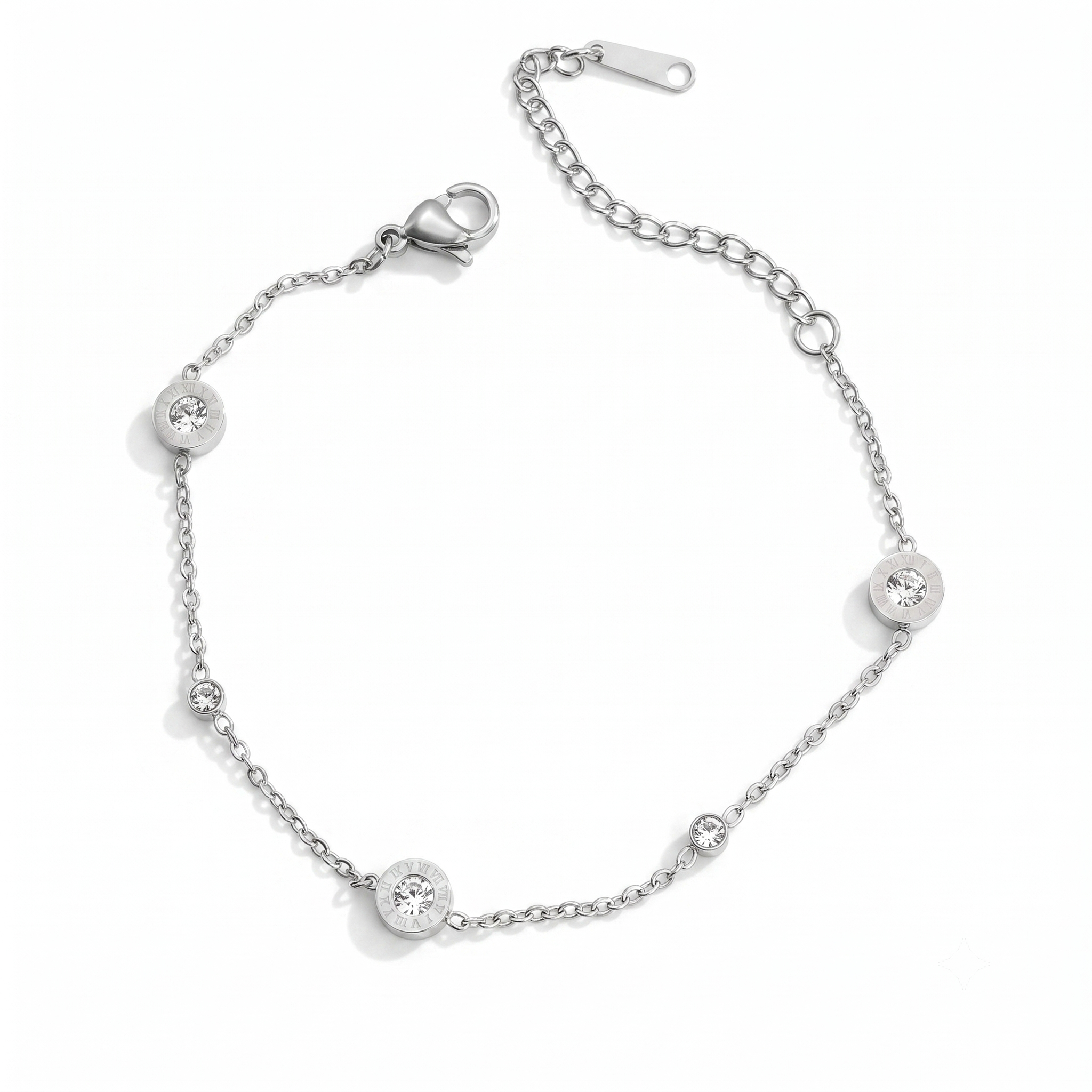 Silberfarbenes Damen-Armband aus Edelstahl aus feiner Kette mit dezent verteilten, rund gefassten Zirkonia-Steinen, Hauptfoto