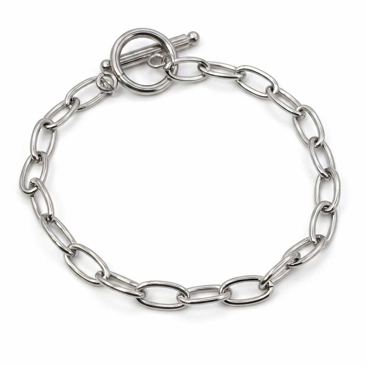 Silberfarbenes Damen-Armband aus Edelstahl mit markanten Kettengliedern und Knebelverschluss, Hauptfoto