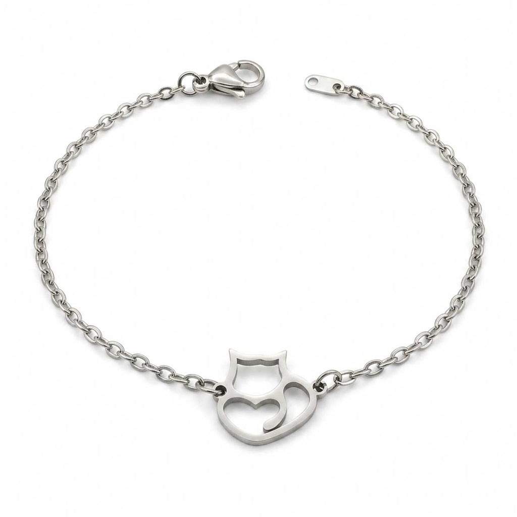 Kreatives silberfarbenes Damen-Armband aus Edelstahl mit einem filigranen Katzen-Anhänger, Hauptfoto
