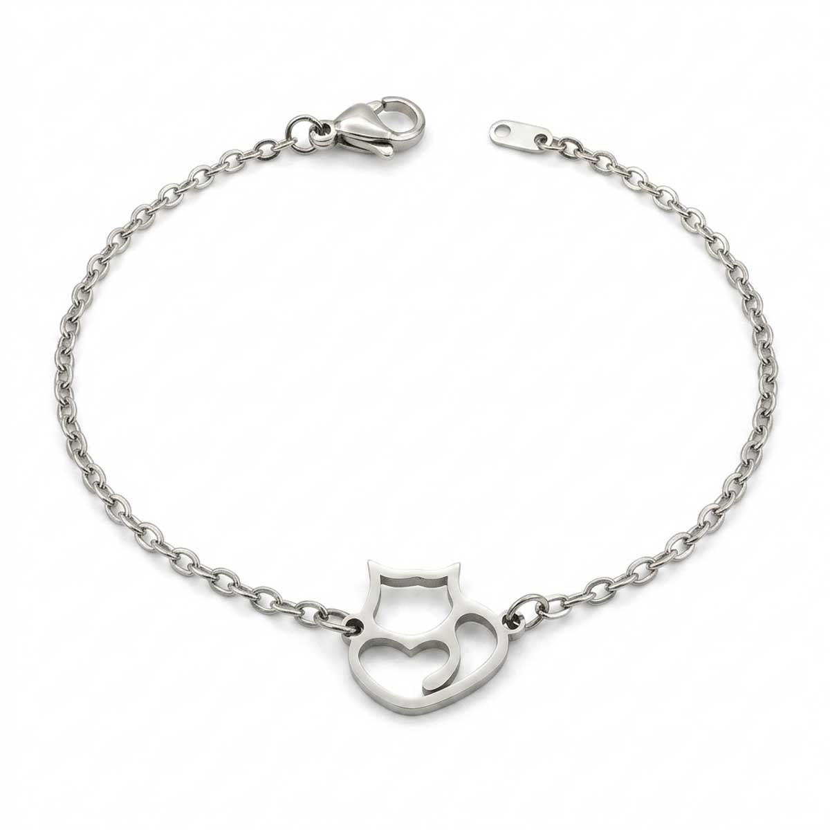 Kreatives silberfarbenes Damen-Armband aus Edelstahl mit einem filigranen Katzen-Anhänger, Hauptfoto