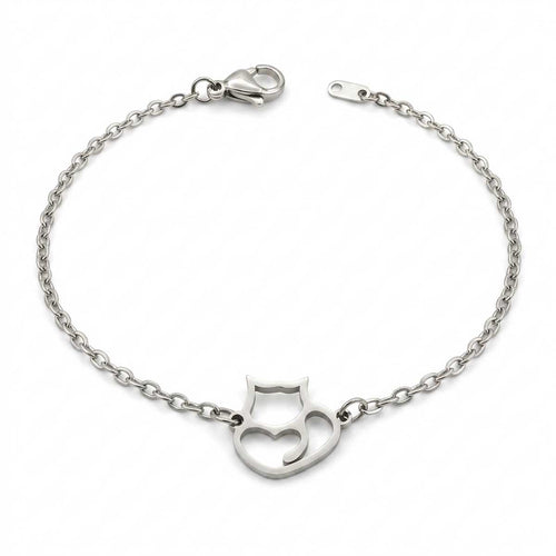 Kreatives silberfarbenes Damen-Armband aus Edelstahl mit einem filigranen Katzen-Anhänger, Hauptfoto