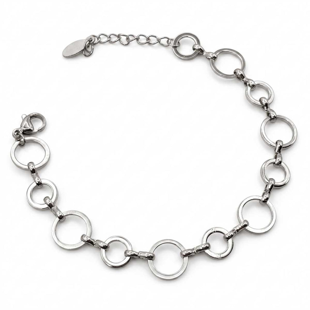 Silberfarbenes Damen-Armband aus Edelstahl mit abwechselnd großen und kleinen runden Kettengliedern, Hauptfoto.