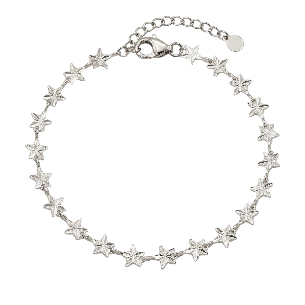 Silberfarbenes Edelstahl-Armband für Damen, bestehend aus einer Kette kleiner, funkelnder Sterne, Hauptfoto