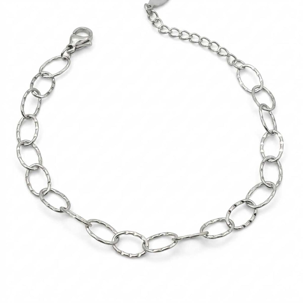 Silberfarbenes Damen-Armband aus Edelstahl mit gemusterten, länglichen Kettengliedern, Hauptfoto