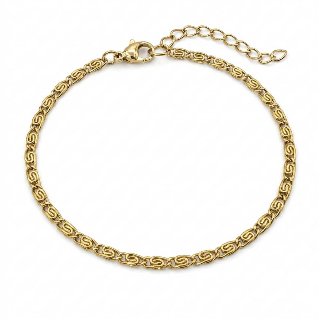 Goldfarbenes Damen-Armband aus Edelstahl mit flach strukturierten, gemusterten Kettengliedern, Hauptfoto