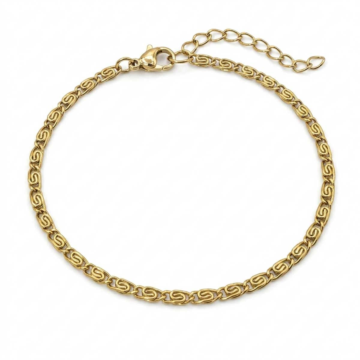 Goldfarbenes Damen-Armband aus Edelstahl mit flach strukturierten, gemusterten Kettengliedern, Hauptfoto