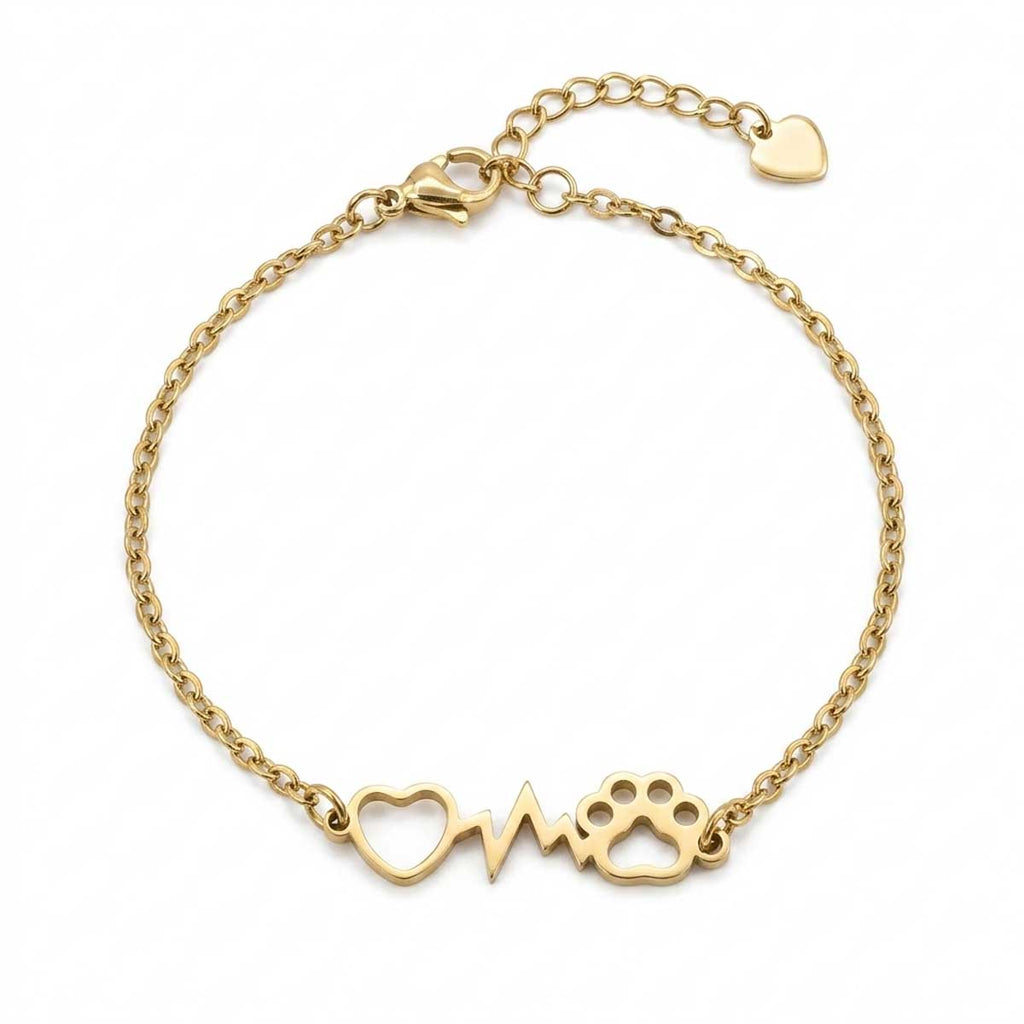 Goldfarbenes Damen-Armband aus Edelstahl mit integriertem Herz-Motiv, Herzfrequenz-Linie und Hundepfote, Hauptfoto