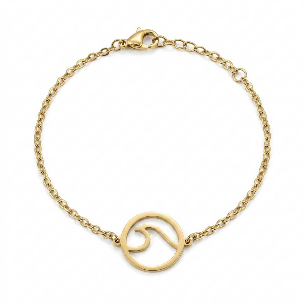 Goldfarbenes Damen-Armband aus Edelstahl mit einem runden, ausgestanzten Wellen-Anhänger, Hauptfoto.