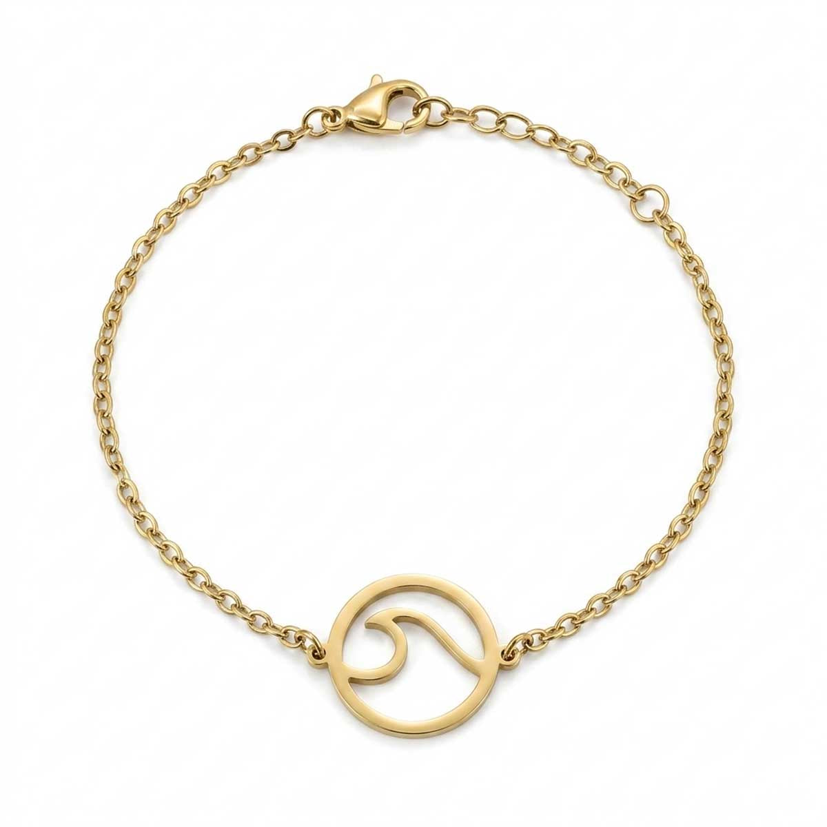 Goldfarbenes Damen-Armband aus Edelstahl mit einem runden, ausgestanzten Wellen-Anhänger, Hauptfoto.
