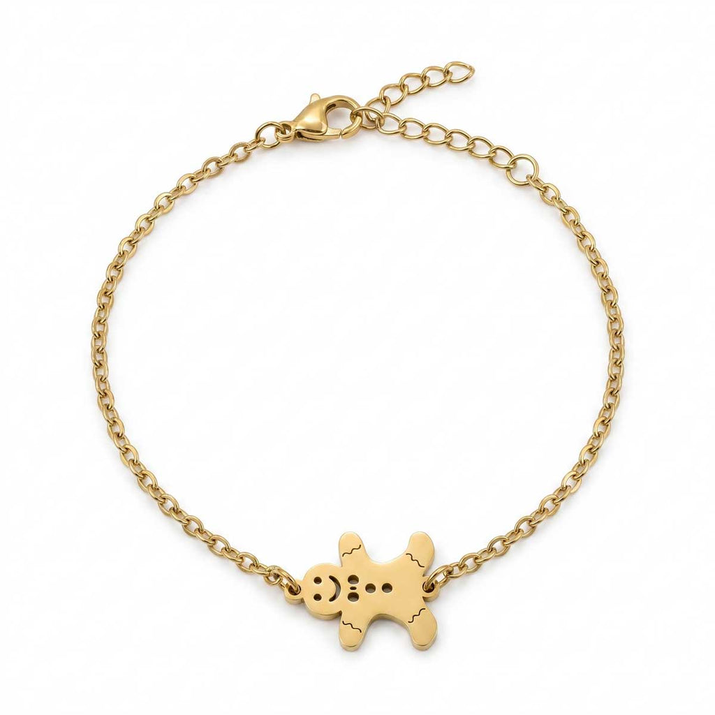 Goldfarbenes Edelstahl-Armband für Damen mit einem kleinen, niedlichen Lebkuchenmann-Element, Hauptfoto