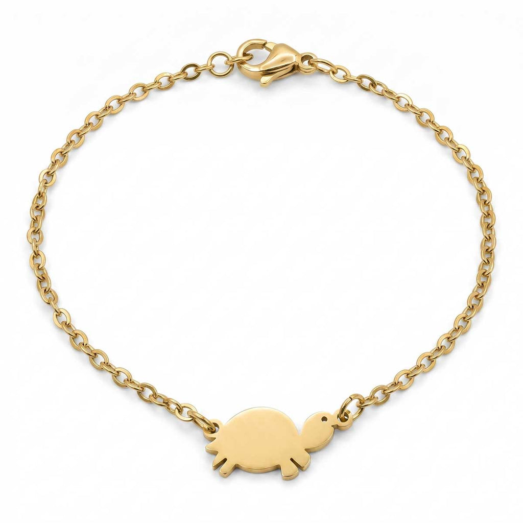 Goldfarbenes Damen-Armband aus Edelstahl mit einem minimalistischen Schildkröten-Anhänger, Hauptfoto