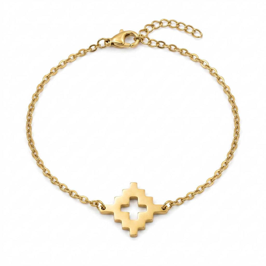 Goldfarbenes Damen-Armband aus Edelstahl mit einem ausgestanzten, geometrischen Rauten-Element, Hauptfoto