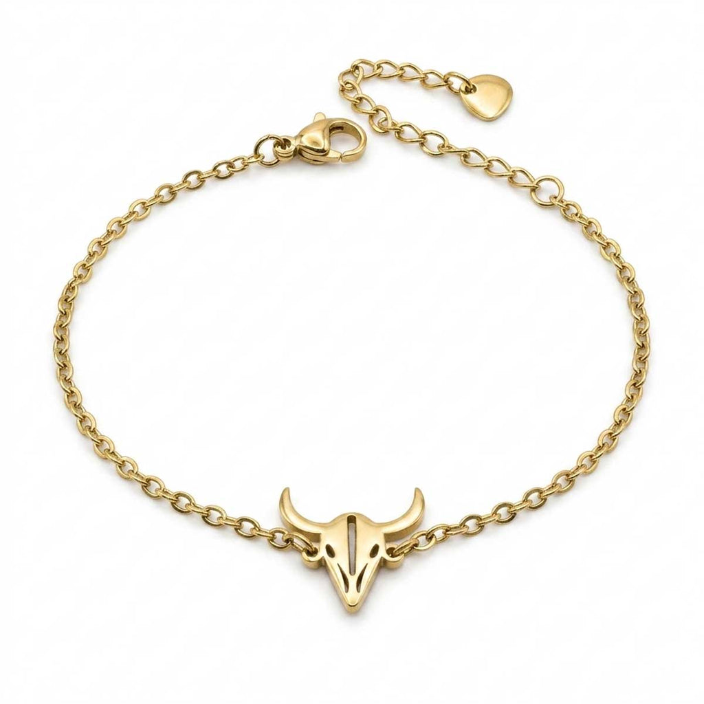 Goldfarbenes Damen-Armband aus Edelstahl mit einem markanten Stierschädel-Anhänger im Boho-Stil, Hauptfoto