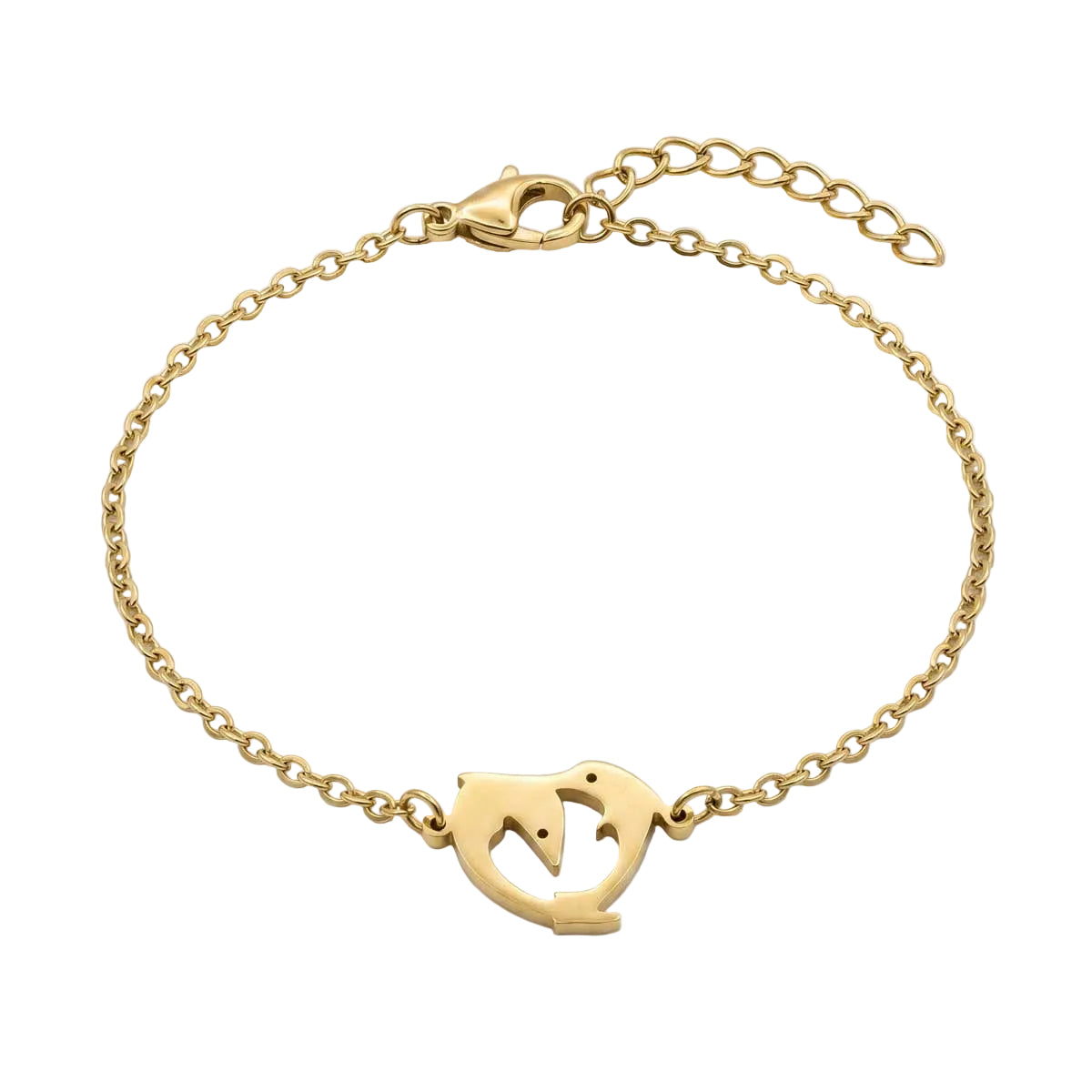 Goldfarbenes Edelstahl-Armband für Damen mit einem elegant geschwungenen Delfin-Element, Hauptfoto.