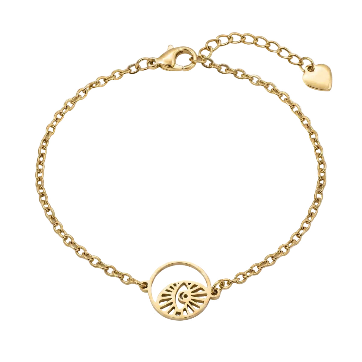 Goldfarbenes Damen-Armband aus Edelstahl mit einem filigranen, runden Anhänger im strahlenförmigen Augen-Design, Hauptfoto