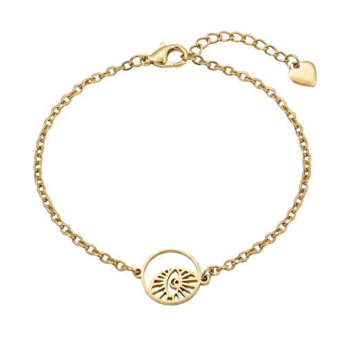Goldfarbenes Damen-Armband aus Edelstahl mit einem filigranen, runden Anhänger im strahlenförmigen Augen-Design, Hauptfoto