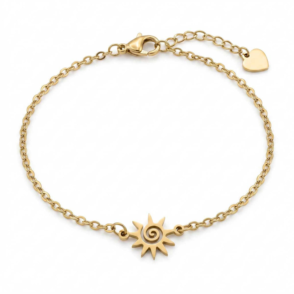 Goldfarbenes Edelstahl-Armband für Damen mit einem verspielten Sonnen-Element samt integrierter Spirale, Hauptfoto