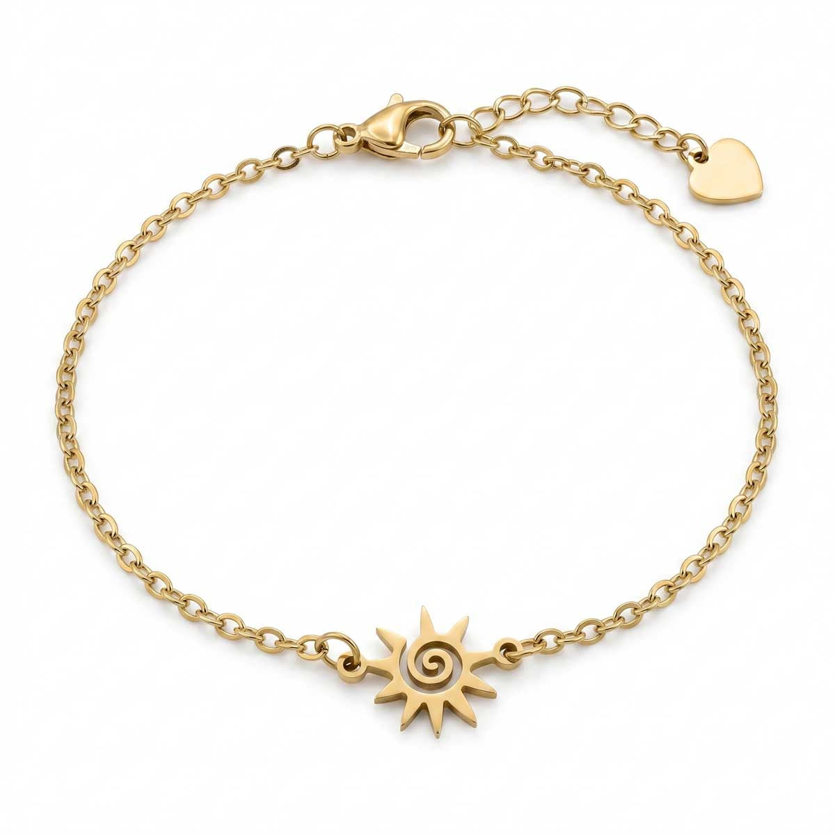 Goldfarbenes Edelstahl-Armband für Damen mit einem verspielten Sonnen-Element samt integrierter Spirale, Hauptfoto