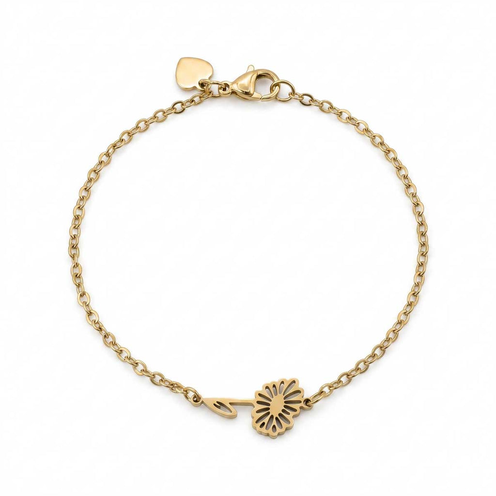 Elegantes goldfarbenes Damen-Armband aus Edelstahl mit einem zarten Blumen-Anhänger, Hauptfoto