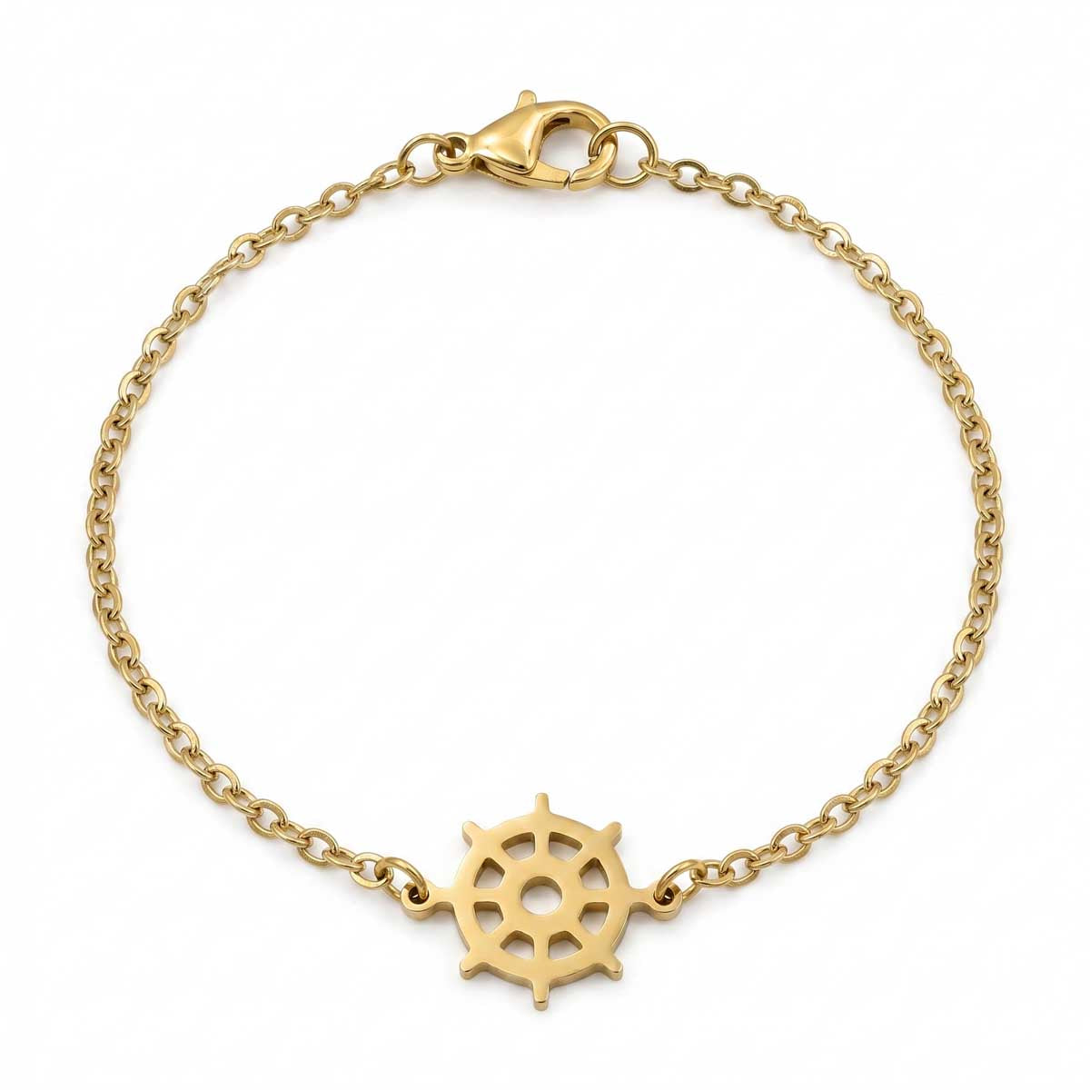 Goldfarbenes Damen-Armband aus Edelstahl mit einem maritimen Steuerrad-Element, Hauptfoto