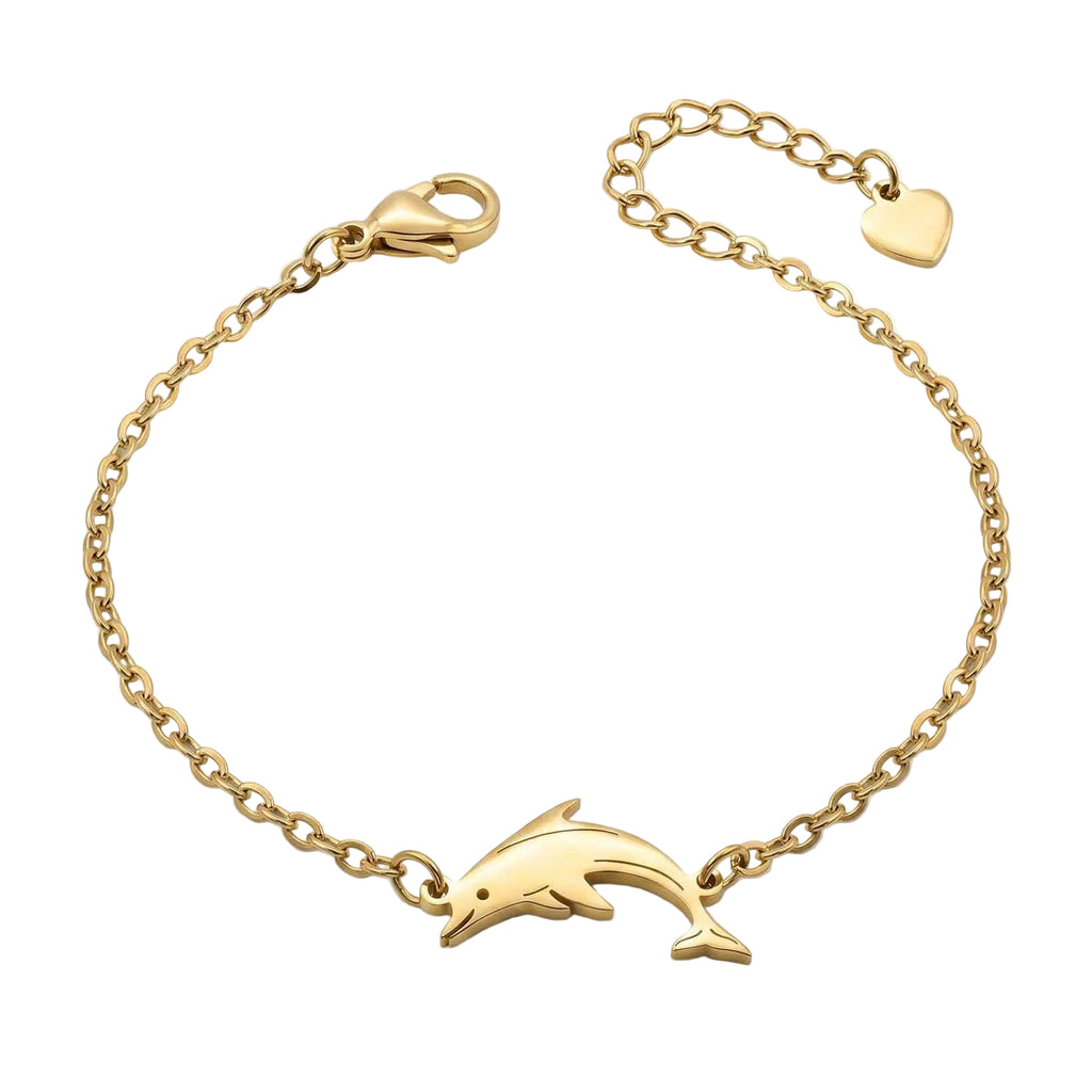 Goldfarbenes Damen-Armband aus Edelstahl mit einem grazilen Delfin-Anhänger, Hauptfoto