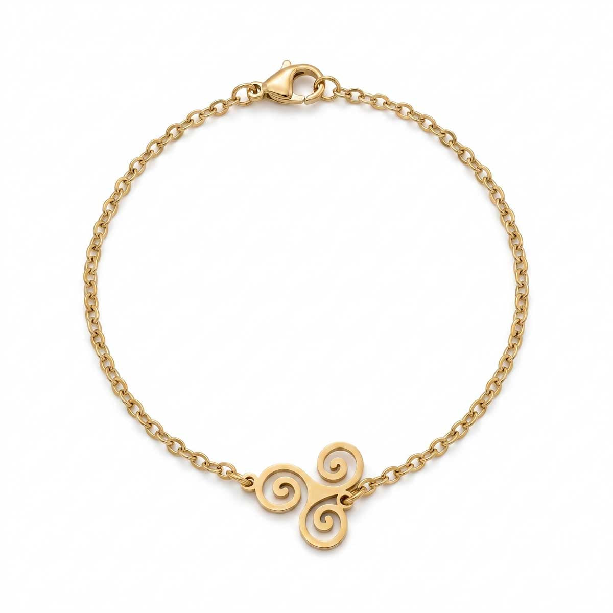 Goldfarbenes Edelstahl-Armband für Damen mit einer symbolischen keltischen Dreifachspirale, Hauptfoto.