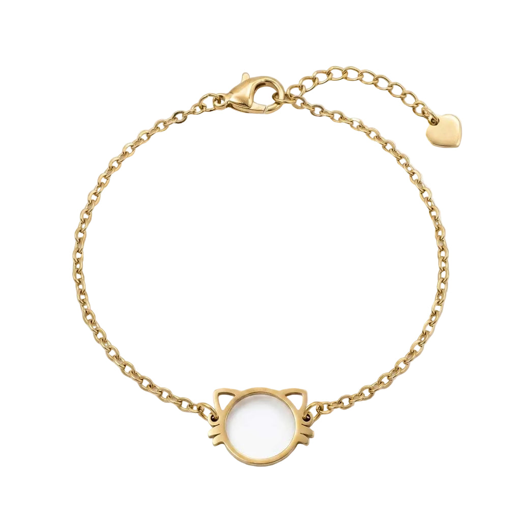 Verspieltes goldfarbenes Damen-Armband aus Edelstahl mit runder Katzenkopf-Silhouette, Hauptfoto