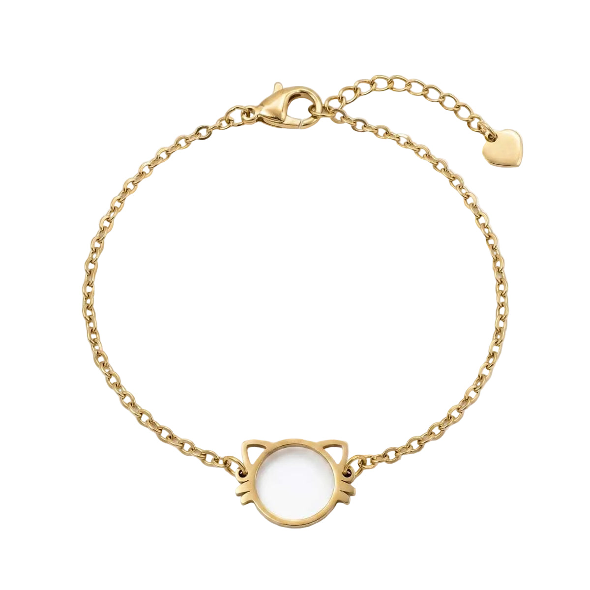 Verspieltes goldfarbenes Damen-Armband aus Edelstahl mit runder Katzenkopf-Silhouette, Hauptfoto