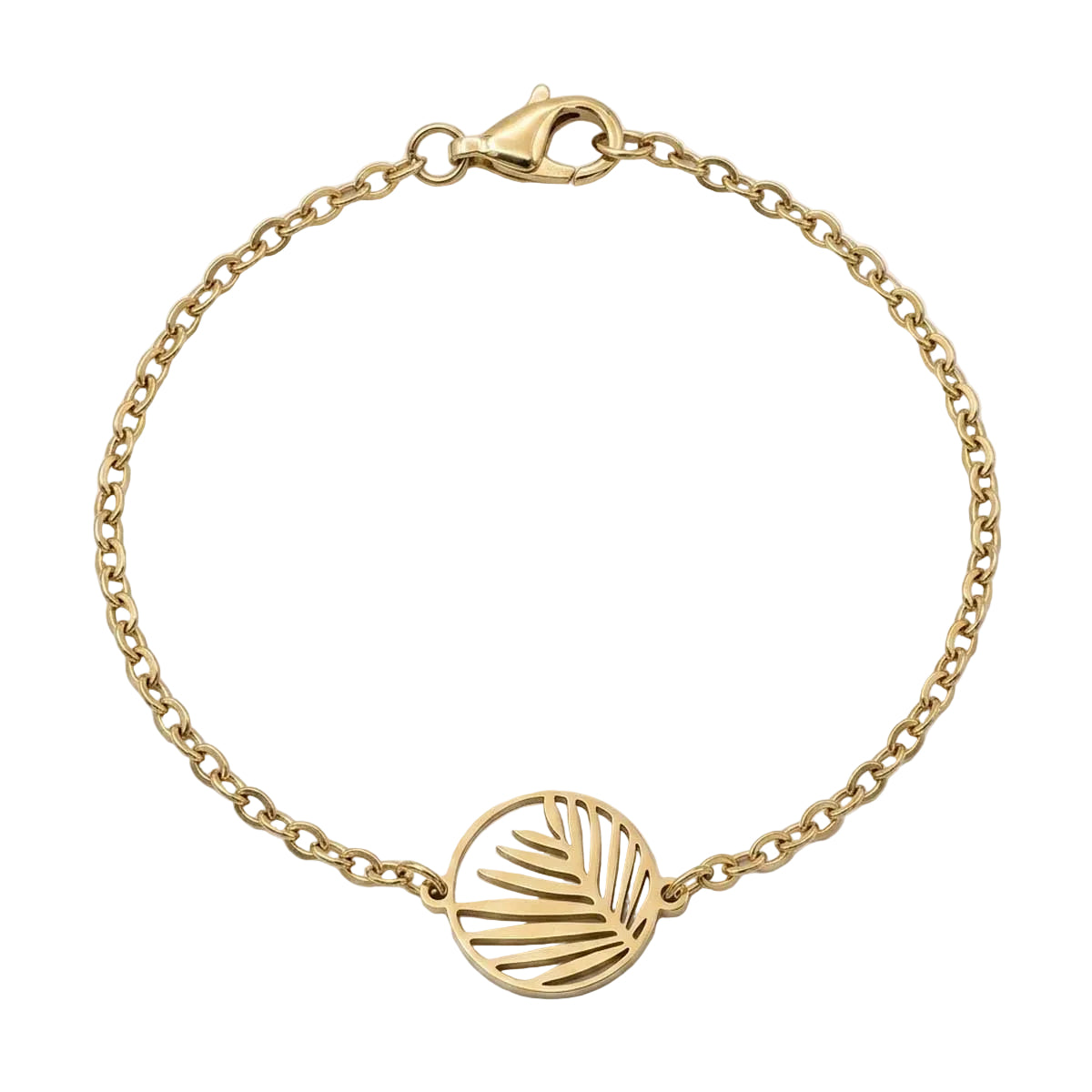 Goldfarbenes Damen-Armband aus Edelstahl mit einem runden, filigranen Palmenblatt-Anhänger, Hauptfoto.