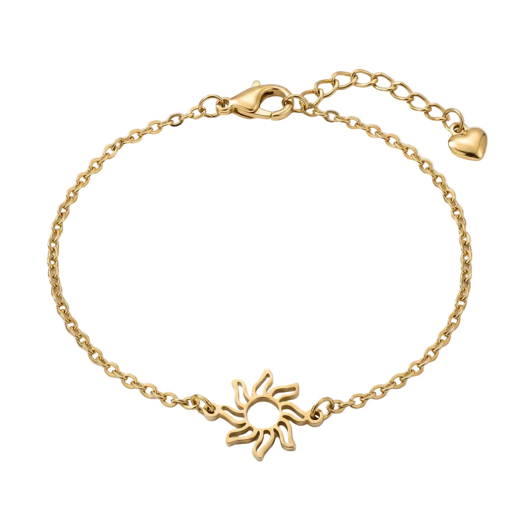 Goldfarbenes Edelstahl-Armband für Damen mit einem kleinen, strahlenden Sonnen-Element, Hauptfoto