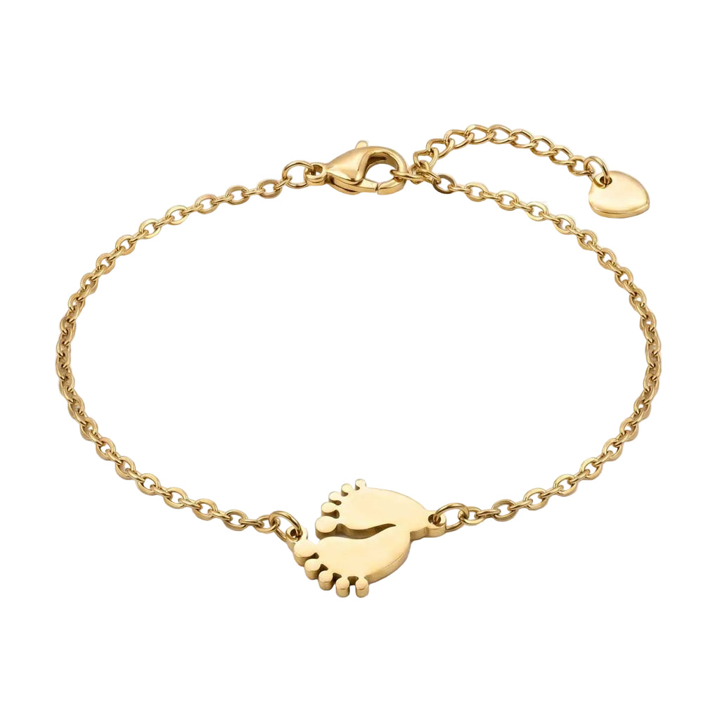 Goldfarbenes Damen-Armband aus Edelstahl mit zwei kleinen, niedlichen Babyfuß-Anhängern, Hauptfoto
