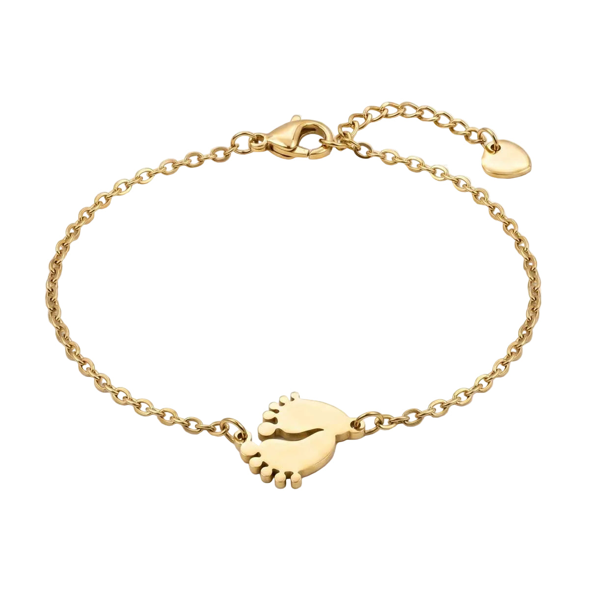 Goldfarbenes Damen-Armband aus Edelstahl mit zwei kleinen, niedlichen Babyfuß-Anhängern, Hauptfoto