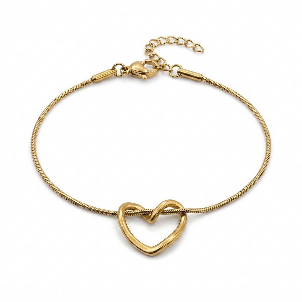 Goldfarbenes Edelstahl-Armband für Damen mit einem mittig integrierten, offenen Herz-Element, Hauptfoto