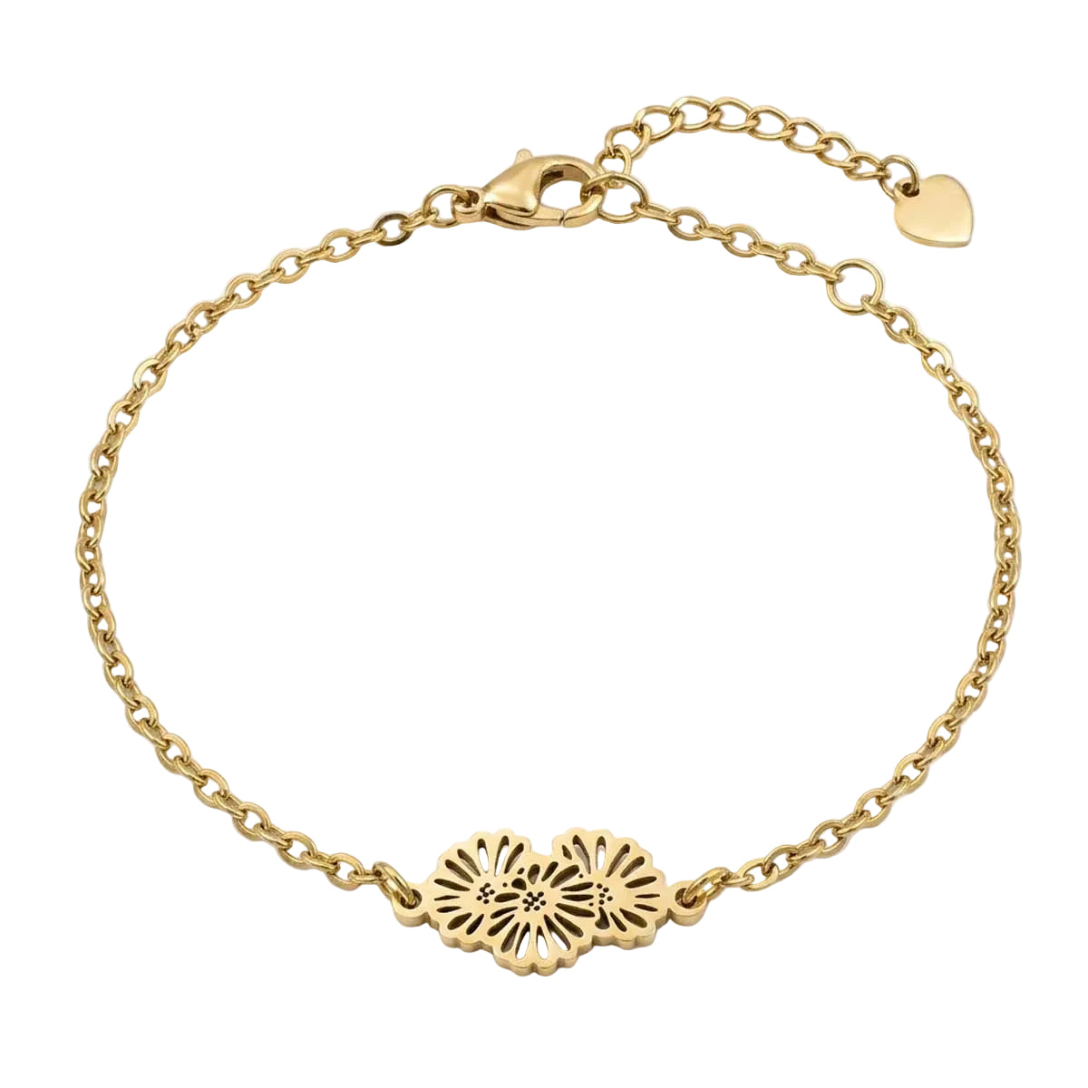 Goldfarbenes Edelstahl-Armband für Damen mit einem filigranen Motiv aus zwei ineinandergreifenden Blüten, Hauptfoto