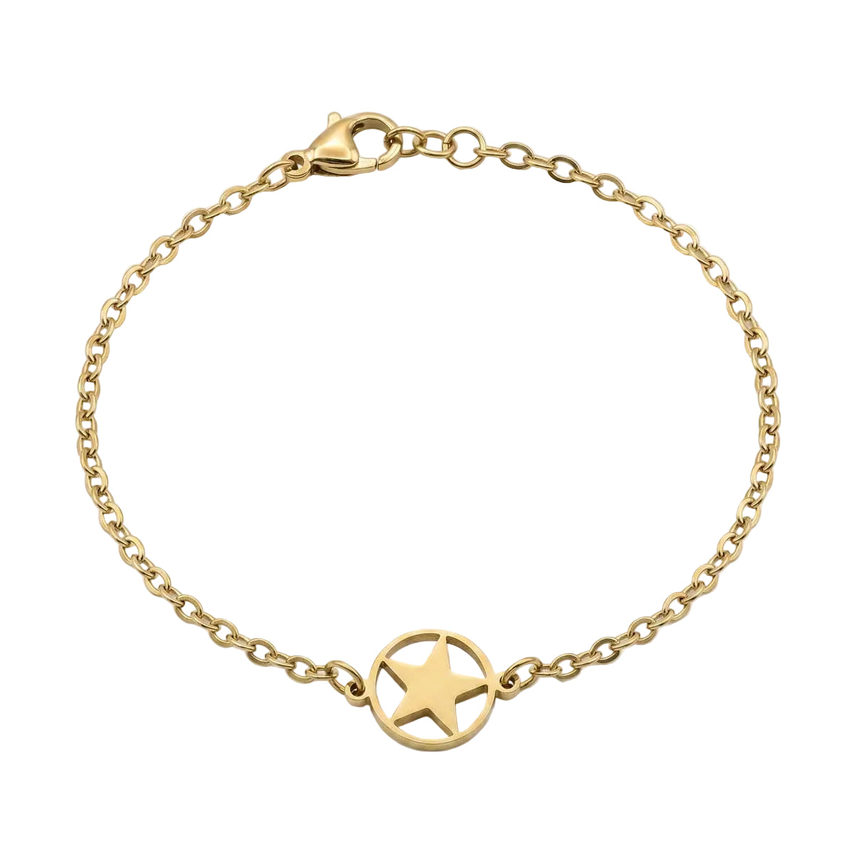 Goldfarbenes Damen-Armband aus Edelstahl mit einem runden Anhänger, der ein ausgestanztes Stern-Motiv zeigt, Hauptfoto