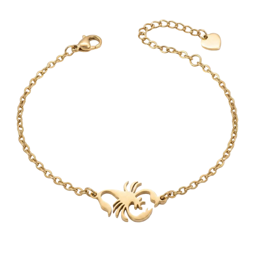 Goldfarbenes Edelstahl-Armband für Damen mit einem detailreichen Skorpion-Anhänger, Hauptfoto