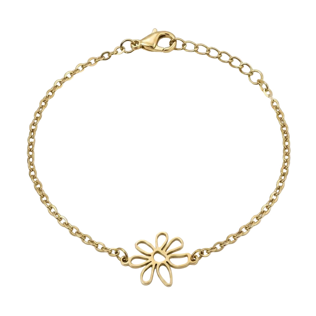 Goldfarbenes Damen-Armband aus Edelstahl mit einer schlichten, ausgestanzten Blüte als Zwischenelement, Hauptfoto