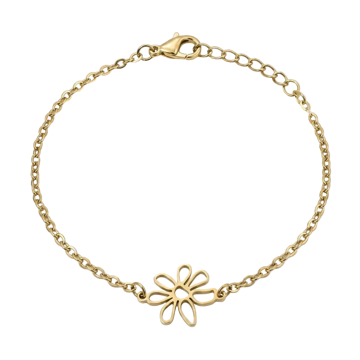 Goldfarbenes Damen-Armband aus Edelstahl mit einer schlichten, ausgestanzten Blüte als Zwischenelement, Hauptfoto