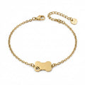 Goldfarbenes Damen-Armband aus Edelstahl mit einem flachen Hundeknochen-Anhänger und kleiner Pfote, Hauptfoto.