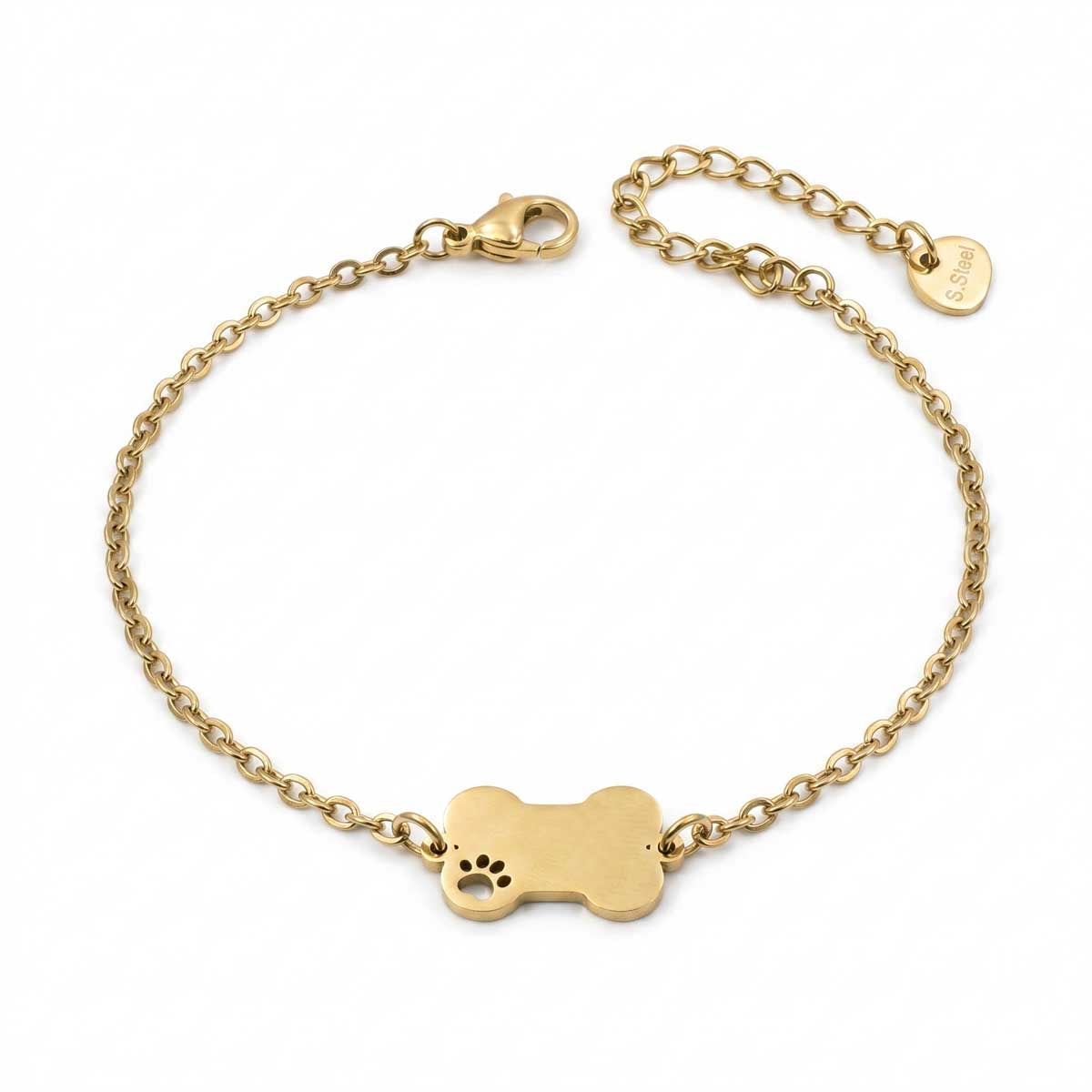 Goldfarbenes Damen-Armband aus Edelstahl mit einem flachen Hundeknochen-Anhänger und kleiner Pfote, Hauptfoto.