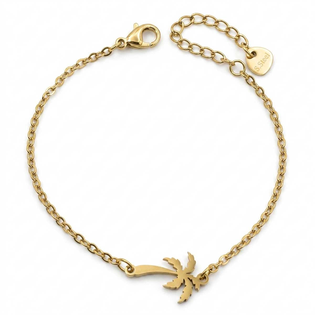 Goldfarbenes Edelstahl-Armband für Damen mit einer filigranen, elegant geschwungenen Palme, Hauptfoto